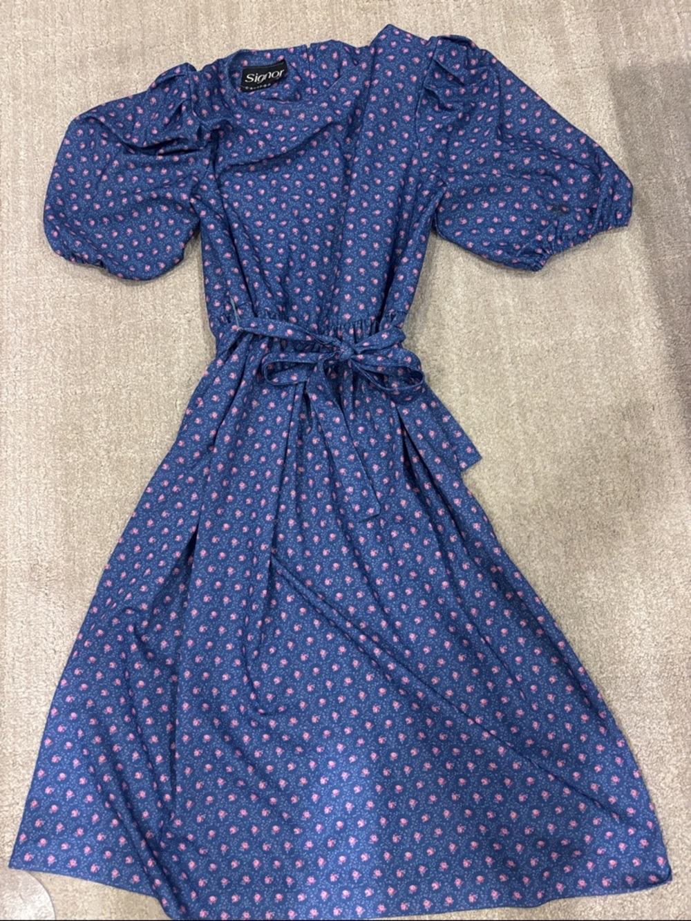 Vtg Signor cali Blue Pink Rosebud Floral Puff Sleeve Tie Belted secretary Dress